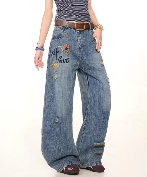 SHEENA(シーナ)の「フラワー刺繍ロゴダメージデニムワイドパンツ(デニムパンツ・レディース・ブルー・S/M/L)」の19枚目の写真