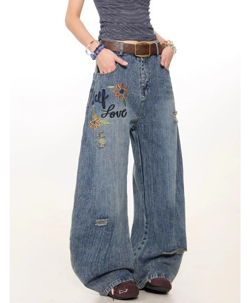 SHEENA(シーナ)の「フラワー刺繍ロゴダメージデニムワイドパンツ(デニムパンツ・レディース・ブルー・S/M/L)」の20枚目の写真