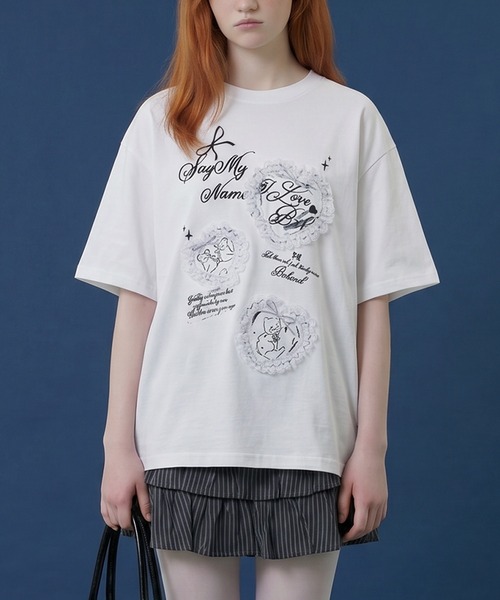 HOOK（フック）の「HOOK for girls　レースフリルハート ビッグTシャツ (SS)（Tシャツ/カットソー・レディース・グレー/ホワイト・FREE）」の2枚目の写真