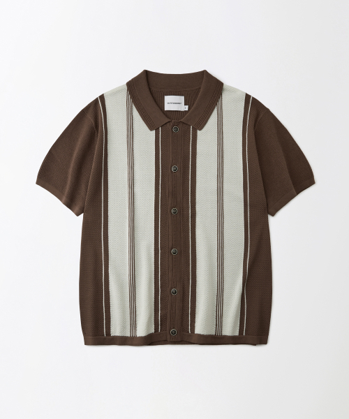 HS STRIPE COLLAR KNIT CARDIGAN_BROWN/IVORY — кардиган в полоску с воротником, коричневый/слоновая кость