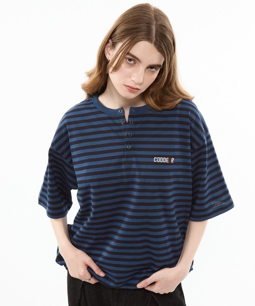 CODDERR(コーダー)の「【CODDERR】マルチボーダー ロゴ刺繍 リングスナップボタン ヘンリーネック 半袖Tシャツ(Tシャツ/カットソー・メンズ・ネイビー/ブラウン/グレー/ブラック系/ブラック・M/L)」の16枚目の写真
