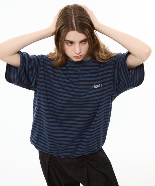 CODDERR(コーダー)の「【CODDERR】マルチボーダー ロゴ刺繍 リングスナップボタン ヘンリーネック 半袖Tシャツ(Tシャツ/カットソー・メンズ・ネイビー/ブラウン/グレー/ブラック系/ブラック・M/L)」の21枚目の写真