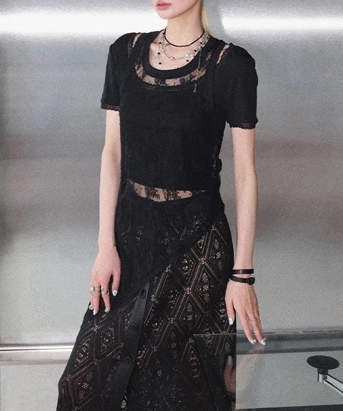chuclla(チュクラ)の「【CHENTAITAI】 アシンメトリーレースレイヤードタンク CTW26s014(Tシャツ/カットソー・レディース・ホワイト/ブラック・M)」の11枚目の写真