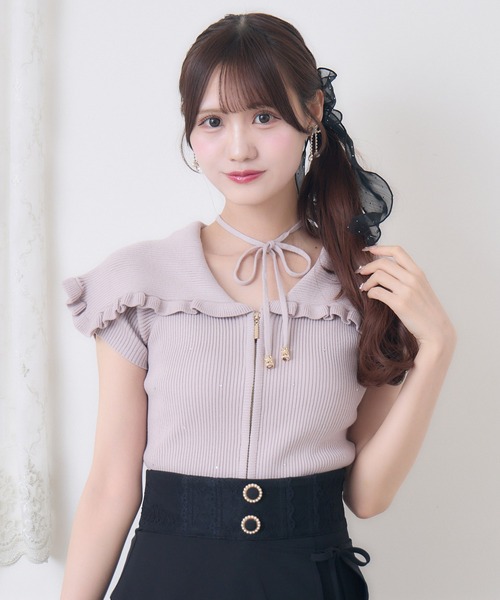 couture BY ROJITA(クチュールバイロジータ)の「ビッグ衿半袖ニットトップス(ニット/セーター・レディース・ピンク/ブラック/アイボリー・FREE)」の1枚目の写真
