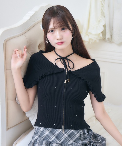 couture BY ROJITA(クチュールバイロジータ)の「ビッグ衿半袖ニットトップス(ニット/セーター・レディース・ピンク/ブラック/アイボリー・FREE)」の3枚目の写真