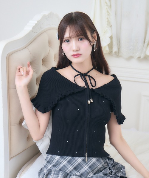 couture BY ROJITA(クチュールバイロジータ)の「ビッグ衿半袖ニットトップス(ニット/セーター・レディース・ピンク/ブラック/アイボリー・FREE)」の13枚目の写真