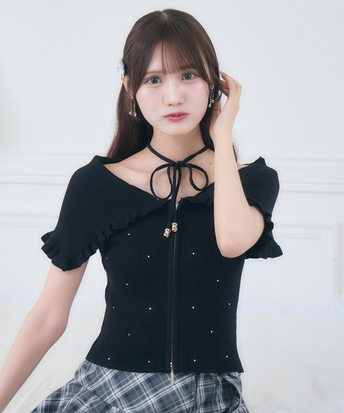 couture BY ROJITA(クチュールバイロジータ)の「ビッグ衿半袖ニットトップス(ニット/セーター・レディース・ピンク/ブラック/アイボリー・FREE)」の16枚目の写真