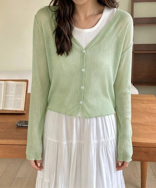 Miniministore(ミニミニストア)の「シアーショートカーディガン夏薄手冷房対策(カーディガン/ボレロ・レディース・グリーン/ベージュ/ピンク/ホワイト/コーラル/ブラック/ライトブルー・FREE)」の4枚目の写真