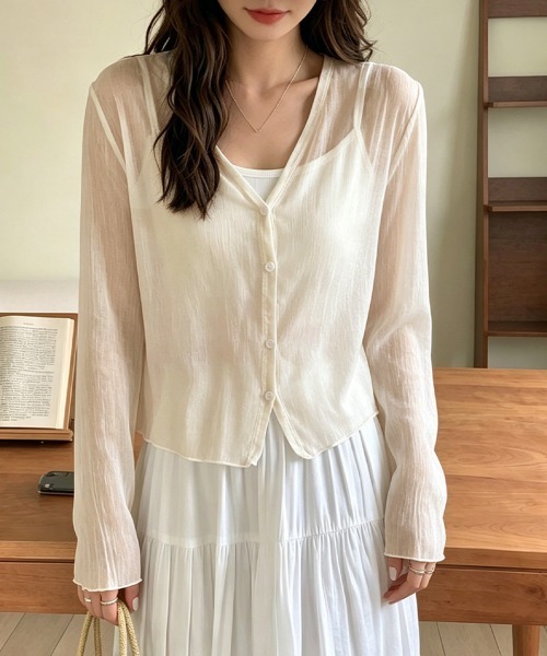 Miniministore(ミニミニストア)の「シアーショートカーディガン夏薄手冷房対策(カーディガン/ボレロ・レディース・グリーン/ベージュ/ピンク/ホワイト/コーラル/ブラック/ライトブルー・FREE)」の9枚目の写真