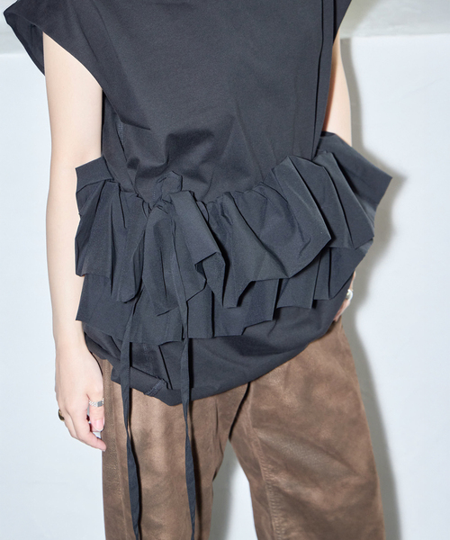 CITYSHOP（シティーショップ）の「RUFFLE Tシャツ（Tシャツ/カットソー・レディース・ホワイト/ブラック・FREE）」の4枚目の写真