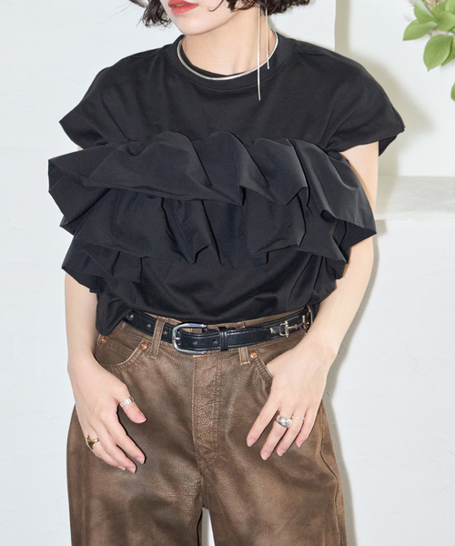 CITYSHOP（シティーショップ）の「RUFFLE Tシャツ（Tシャツ/カットソー・レディース・ホワイト/ブラック・FREE）」の7枚目の写真