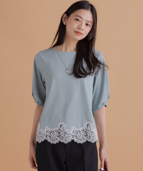 組曲 S(クミキョク チイサイサイズ)の「レースコンビ ボートネック カットソー(Tシャツ/カットソー・レディース・ライトグリーン系/ホワイト系/ネイビー系/グレー系・S2)」の3枚目の写真
