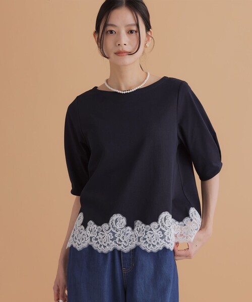 組曲 S(クミキョク チイサイサイズ)の「レースコンビ ボートネック カットソー(Tシャツ/カットソー・レディース・ライトグリーン系/ホワイト系/ネイビー系/グレー系・S2)」の4枚目の写真
