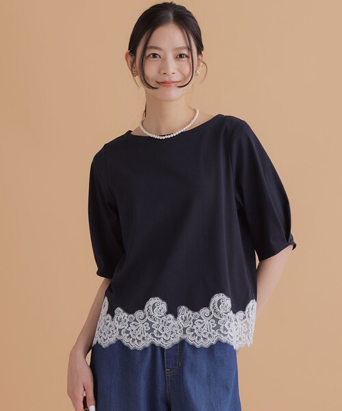 組曲 S(クミキョク チイサイサイズ)の「レースコンビ ボートネック カットソー(Tシャツ/カットソー・レディース・ライトグリーン系/ホワイト系/ネイビー系/グレー系・S2)」の5枚目の写真