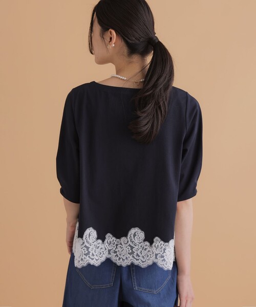 組曲 S(クミキョク チイサイサイズ)の「レースコンビ ボートネック カットソー(Tシャツ/カットソー・レディース・ライトグリーン系/ホワイト系/ネイビー系/グレー系・S2)」の6枚目の写真