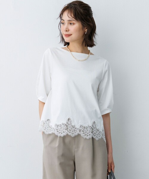 組曲 S(クミキョク チイサイサイズ)の「レースコンビ ボートネック カットソー(Tシャツ/カットソー・レディース・ライトグリーン系/ホワイト系/ネイビー系/グレー系・S2)」の11枚目の写真