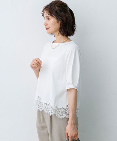 組曲 S(クミキョク チイサイサイズ)の「レースコンビ ボートネック カットソー(Tシャツ/カットソー・レディース・ライトグリーン系/ホワイト系/ネイビー系/グレー系・S2)」の12枚目の写真