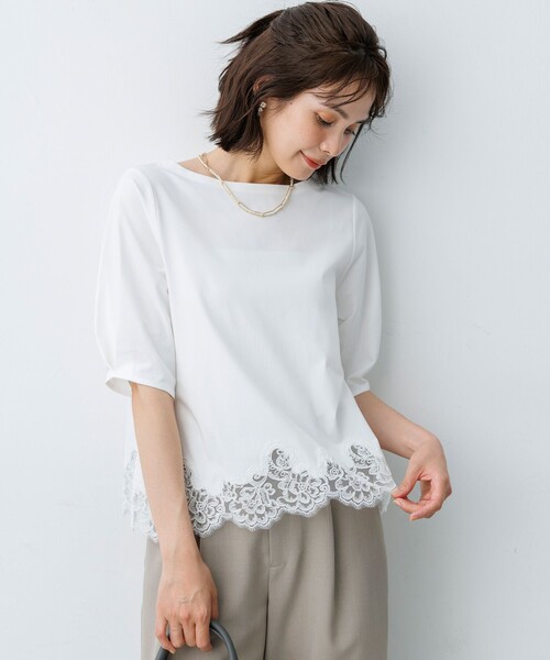 組曲 S(クミキョク チイサイサイズ)の「レースコンビ ボートネック カットソー(Tシャツ/カットソー・レディース・ライトグリーン系/ホワイト系/ネイビー系/グレー系・S2)」の13枚目の写真