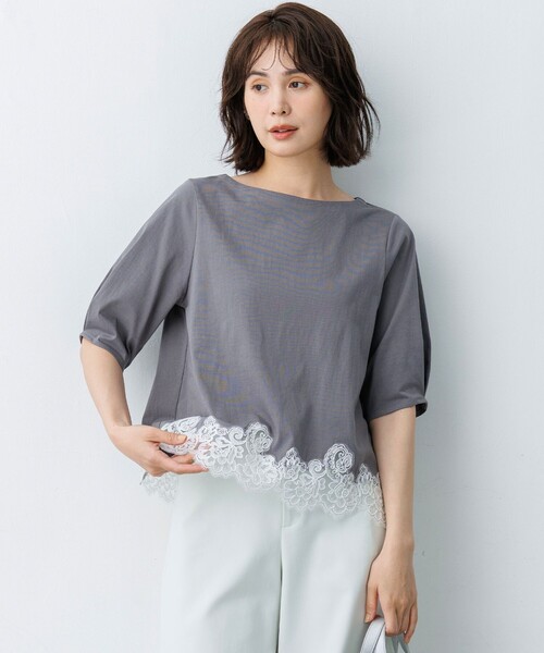 組曲 S(クミキョク チイサイサイズ)の「レースコンビ ボートネック カットソー(Tシャツ/カットソー・レディース・ライトグリーン系/ホワイト系/ネイビー系/グレー系・S2)」の21枚目の写真