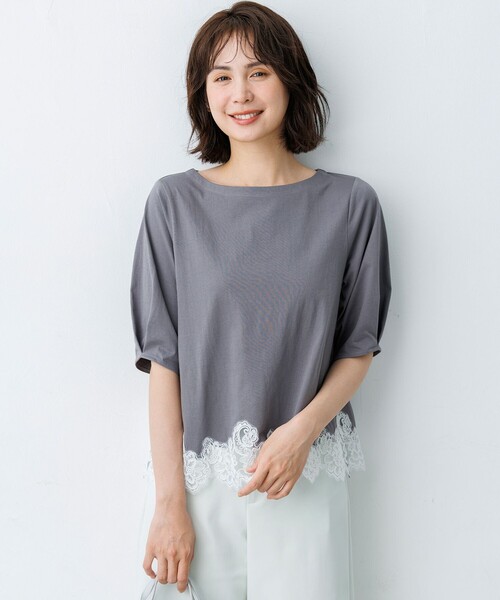 組曲 S(クミキョク チイサイサイズ)の「レースコンビ ボートネック カットソー(Tシャツ/カットソー・レディース・ライトグリーン系/ホワイト系/ネイビー系/グレー系・S2)」の22枚目の写真