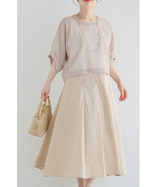 cawaii（カワイイ）の「メッシュカットソーとタックワンピース2点セット【set】（ワンピース・レディース・ベージュ/ブラック・FREE）」の2枚目の写真