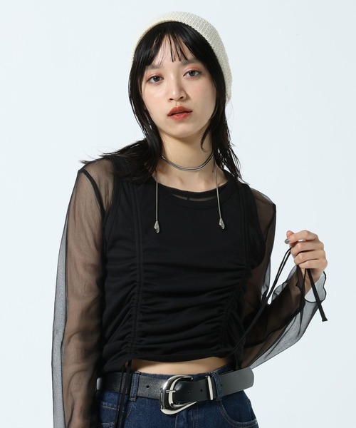 PAGEBOY(ページボーイ)の「チュールロングスリーブ×ドロストタンクSET(Tシャツ/カットソー・レディース・ブラック/グレー・FREE)」の2枚目の写真