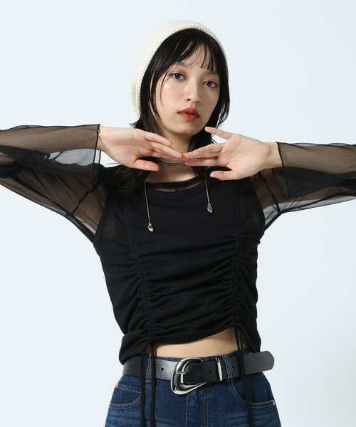 PAGEBOY(ページボーイ)の「チュールロングスリーブ×ドロストタンクSET(Tシャツ/カットソー・レディース・ブラック/グレー・FREE)」の4枚目の写真