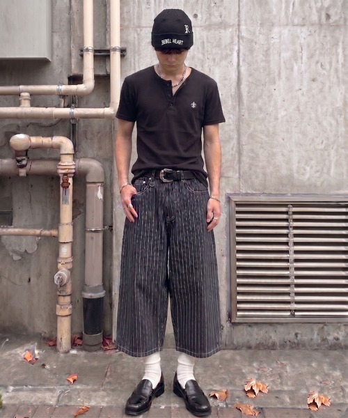 デニムピンストライプジョーツハーフパンツ/ユニセックス（デニム