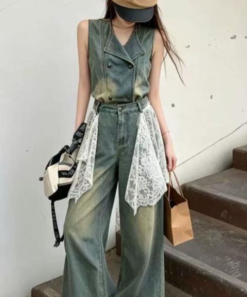semplice(センプリチェ)の「レースドレープ付き デニムセットアップ(セットアップ・レディース・ブルー・M/L/S)」の1枚目の写真
