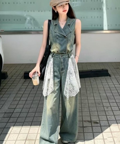 semplice(センプリチェ)の「レースドレープ付き デニムセットアップ(セットアップ・レディース・ブルー・M/L/S)」の7枚目の写真