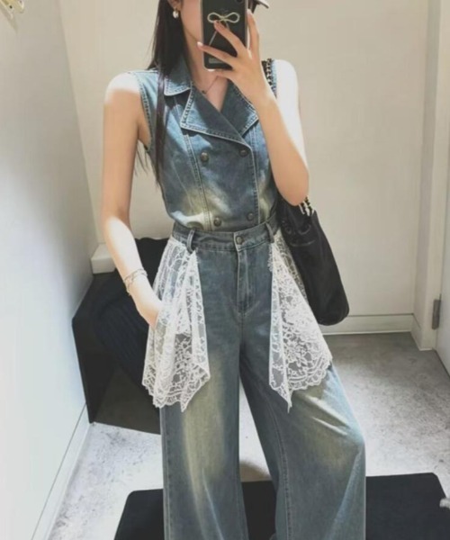 semplice(センプリチェ)の「レースドレープ付き デニムセットアップ(セットアップ・レディース・ブルー・M/L/S)」の4枚目の写真