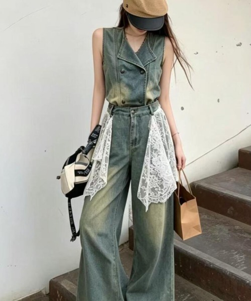 semplice(センプリチェ)の「レースドレープ付き デニムセットアップ(セットアップ・レディース・ブルー・M/L/S)」の6枚目の写真