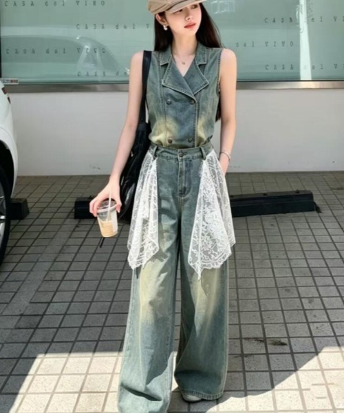 semplice(センプリチェ)の「レースドレープ付き デニムセットアップ(セットアップ・レディース・ブルー・M/L/S)」の5枚目の写真