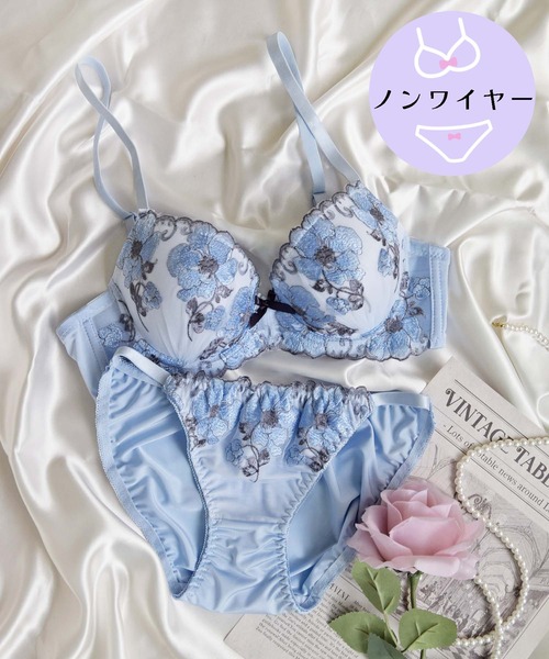 【ノンワイヤー/ラクして整う！ストレスフリーで上品なフィット感♪】上下セット/M-LL/脇高ガーリーフルール