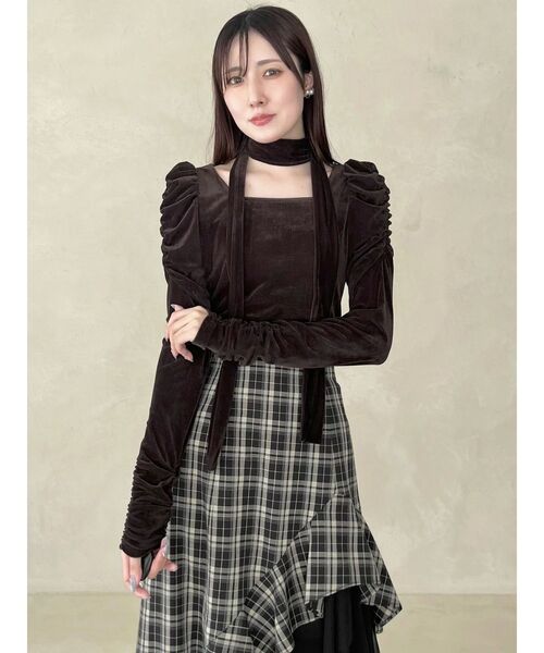 MERCURYDUO(マーキュリーデュオ)の「シアーベロアパワショルチョーカートップス(Tシャツ/カットソー・レディース・ブラウン/ブラック・FREE)」の12枚目の写真