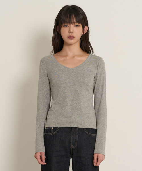PEPLEE(ペプリー)の「Vネックポケット長袖(グレー)(Tシャツ/カットソー・レディース・その他・SMALL/MEDIUM)」の1枚目の写真