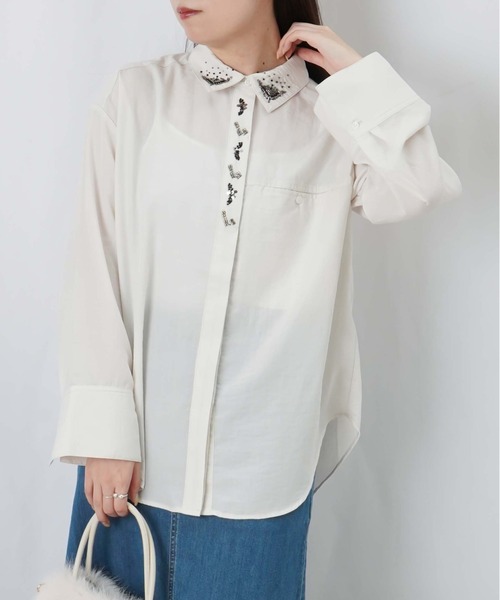 LUCA/LADY LUCK LUCA(ルカ/レディラックルカ)の「LC/LLL スパンロールビーズ刺繍シャツ(シャツ/ブラウス・レディース・チャコールグレー/ストライプ/オフホワイト・FREE)」の12枚目の写真