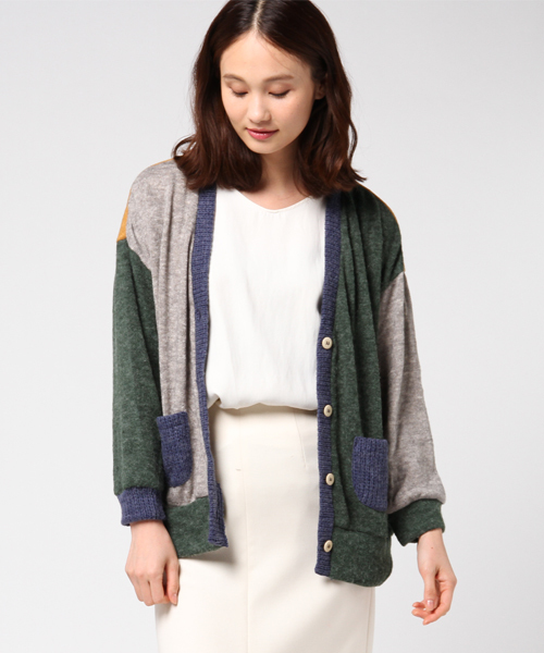 POU DOU DOU(プードゥドゥ)の「ニットソーカラーブロックゆるカーディガン(カーディガン/ボレロ・レディース・ピンク/ブルー/グレー・3)」の1枚目の写真