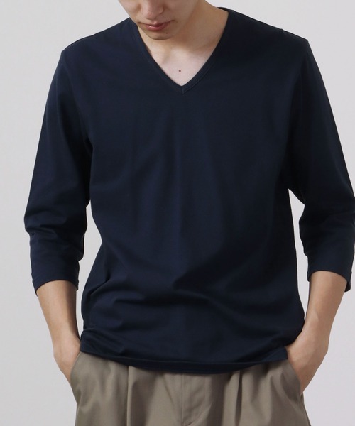 garsonwave(ギャルソンウェーブ)の「日本製 Vネック7分袖カットソー(Tシャツ/カットソー・メンズ・ブラック/ネイビー/ライトグレー/ホワイト/ブルー/ワイン/チャコールグレー/カーキ・L/LL/M/S)」の6枚目の写真