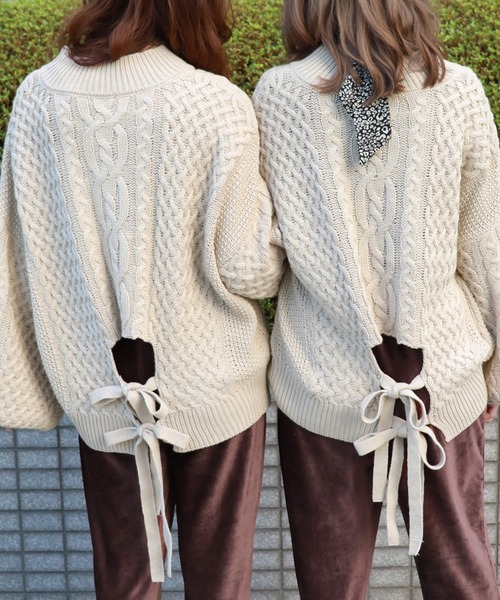 PairPair（ペアペア）の「ハイネックバックリボンケーブルニット（ニット/セーター・レディース・ベージュ/ピンク/モカ・FREE）」の6枚目の写真
