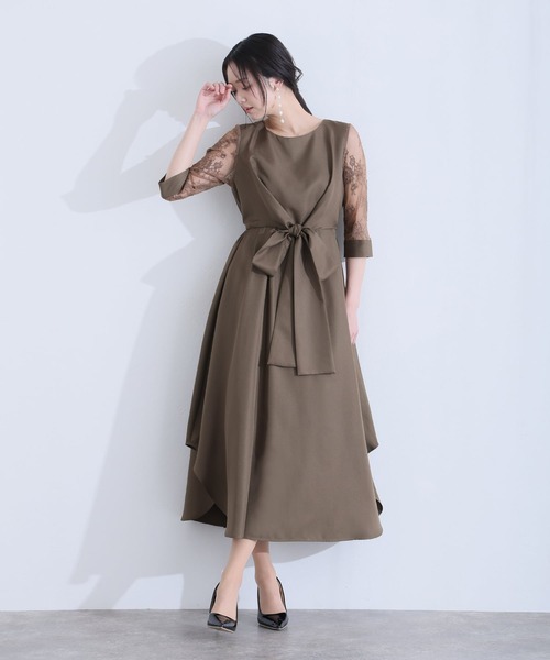 PourVous（プールヴー）の「パーティードレス ワンピースミモレ丈と七分袖ハイウエスト大きいサイズフォーマルオケージョンドレス結婚式お呼ばれ 二次会 成人式 同窓会 謝恩会 20代 30代（ドレス・レディース・ネイビー/カーキ/テラコッタ/グレイッシュブルー/スモークピンク・M/L/S/XL/4L/XXL）」の20枚目の写真