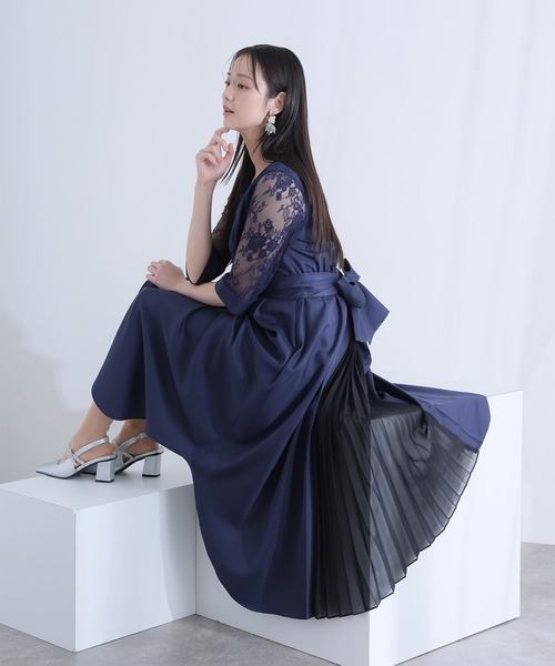 PourVous（プールヴー）の「パーティードレス ワンピースミモレ丈と七分袖ハイウエスト大きいサイズフォーマルオケージョンドレス結婚式お呼ばれ 二次会 成人式 同窓会 謝恩会 20代 30代（ドレス・レディース・ネイビー/カーキ/テラコッタ/グレイッシュブルー/スモークピンク・M/L/S/XL/4L/XXL）」の14枚目の写真