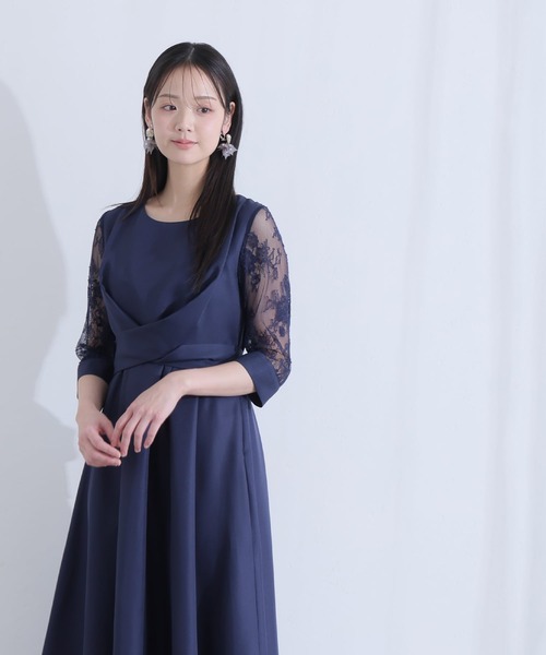 パーティードレス ワンピースミモレ丈と七分袖ハイウエスト大きい