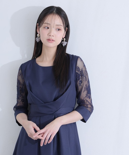 PourVous（プールヴー）の「パーティードレス ワンピースミモレ丈と七分袖ハイウエスト大きいサイズフォーマルオケージョンドレス結婚式お呼ばれ 二次会 成人式 同窓会 謝恩会 20代 30代（ドレス・レディース・ネイビー/カーキ/テラコッタ/グレイッシュブルー/スモークピンク・M/L/S/XL/4L/XXL）」の9枚目の写真