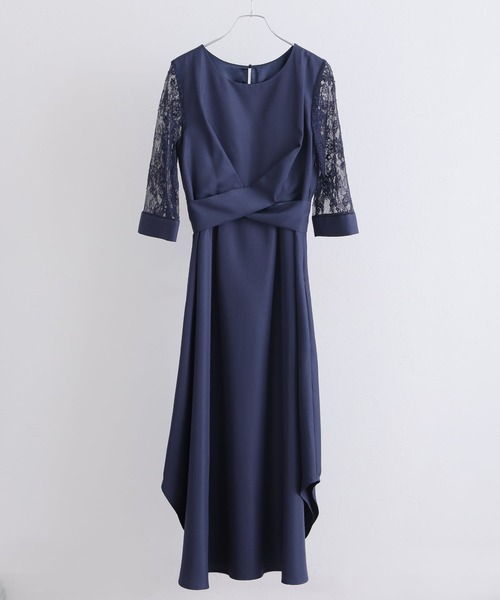 PourVous（プールヴー）の「パーティードレス ワンピースミモレ丈と七分袖ハイウエスト大きいサイズフォーマルオケージョンドレス結婚式お呼ばれ 二次会 成人式 同窓会 謝恩会 20代 30代（ドレス・レディース・ネイビー/カーキ/テラコッタ/グレイッシュブルー/スモークピンク・M/L/S/XL/4L/XXL）」の7枚目の写真