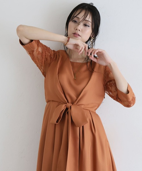 PourVous(プールヴー)の「パーティー ドレス ワンピース ミモレ丈 と 七分袖 ハイウエスト 大きいサイズ フォーマル オケージョンドレス 結婚式 お呼ばれ 二次会 成人式 同窓会 謝恩会 20代 30代(ドレス・レディース・ネイビー/カーキ/テラコッタ/グレイッシュブルー/スモークピンク・M/L/S/XL/4L/XXL)」の14枚目の写真