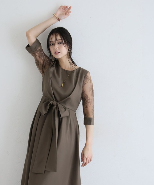PourVous(プールヴー)の「パーティー ドレス ワンピース ミモレ丈 と 七分袖 ハイウエスト 大きいサイズ フォーマル オケージョンドレス 結婚式 お呼ばれ 二次会 成人式 同窓会 謝恩会 20代 30代(ドレス・レディース・ネイビー/カーキ/テラコッタ/グレイッシュブルー/スモークピンク・M/L/S/XL/4L/XXL)」の18枚目の写真