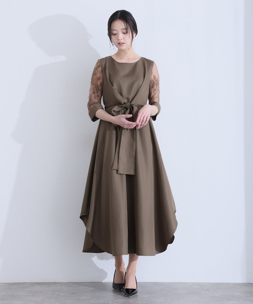 パーティードレス ワンピースミモレ丈と七分袖ハイウエスト大きい