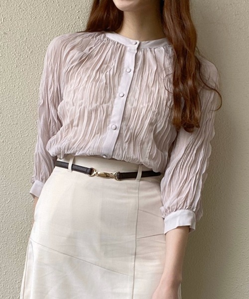 Heather(ヘザー)の「ワッシャーバンドカラーシャツ 887350(シャツ/ブラウス・レディース・ブラック/アイボリー/ピンク系その他・FREE)」の1枚目の写真