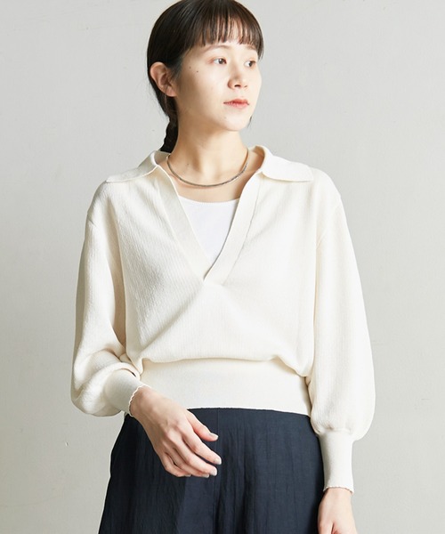 nitca(ニトカ)の「美濃和紙 スキッパープルオーバー(ニット/セーター・レディース・ベージュ/アイボリー/チャコールグレー・FREE)」の2枚目の写真